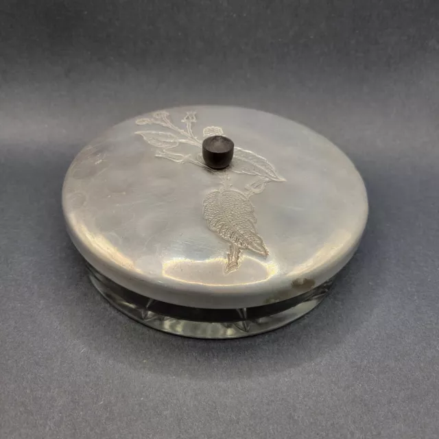 FARBERWARE Wrought MCM Divided Cut Glass candy/condiment Dish w/Metal Floral Lid