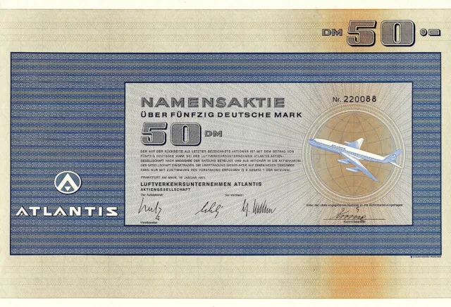 ATLANTIS AG Luftverkehrsunternehmen 1971 (50 DM) ungelocht + Coupons