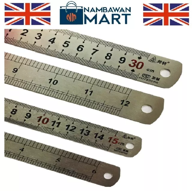 Double Sided Stainless Steel Metal Ruler 6" 8" 12" 15cm 20cm 30cm UK BN STA1010