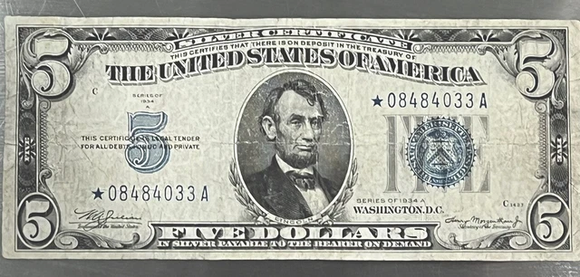 1934 A $5 US Five Dollar Silver Certificate - STAR NOTE FR 1651