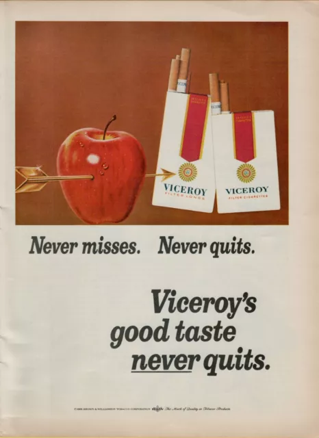 1969 Viceroy Cigarettes Apple Arrow Good Taste Never Quits Vintage Print Ad