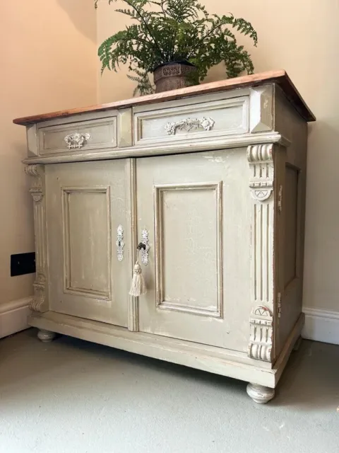 French cupboard c.1900 with chippy paint showing layers - soft khaki grey