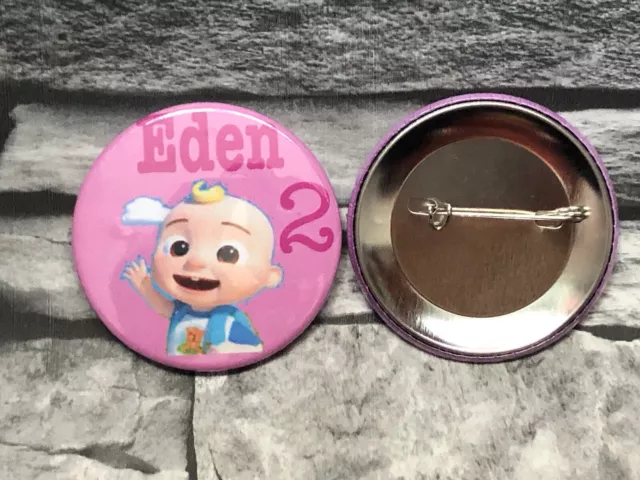CocoMelon.Personalised PINK ANY Name/Age Birthday Badge Party. 5.9cm.Safety/ Pin