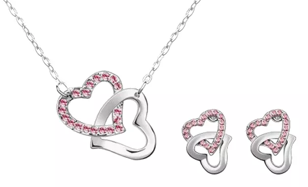 Schmuckset Halskette Herzen Doppelherz Silber Strass Rosa Damen Kette Ohrringe