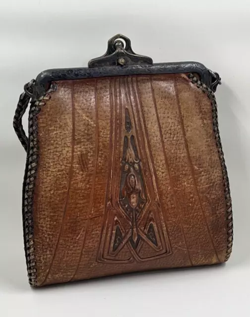 Antique Vtg Hand Tooled Volland Leathercraft Art Deco Early Leather Purse Bag