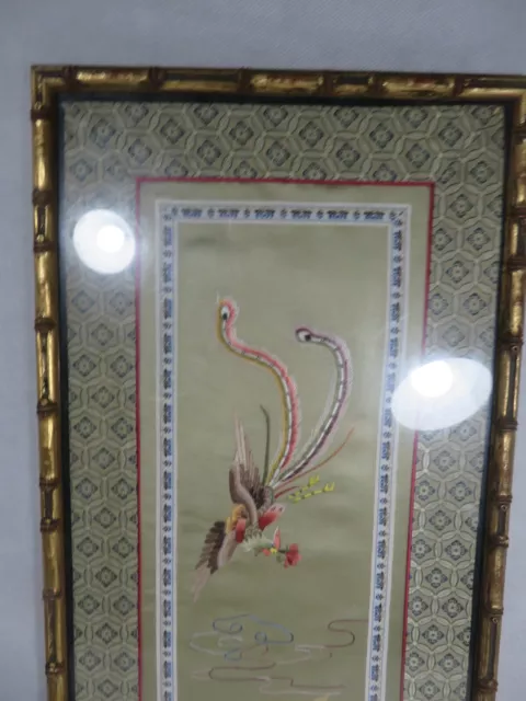 Chinese Silk Embroidery Picture Bamboo Style Framed Birds 620mm x 260mm 2