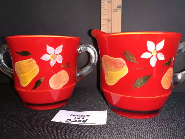 Vtg Bartlett-Collins Hand Painted Clear and Red Floral Glass Creamer Sugar Set