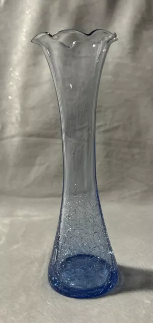 VTG Hand Blown Bud Vase Blue Art Glass Crackle Fluted Ruffled Top 7.25” Tall
