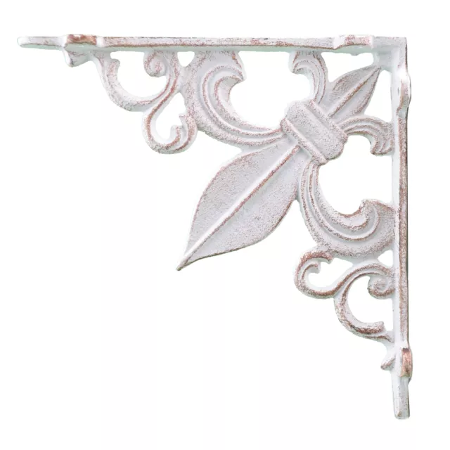 Wall Shelf Bracket Cast Iron Brace Fleur De Lis Distressed White 7.38" Deep