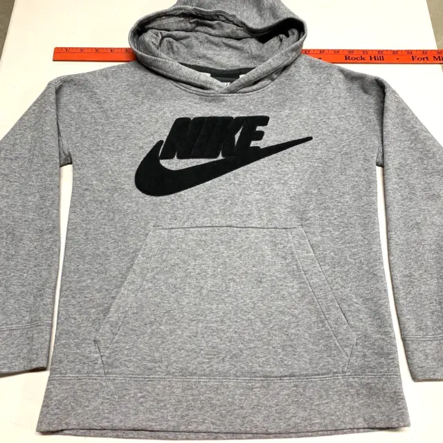 Nike Sweatshirt Hoodie Gray w Black Fleece Logo Pullover Kid Size L 10/12 Unisex
