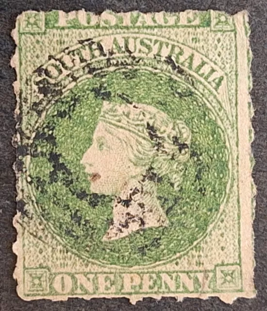 1869 South Australia 1d Dp yellow Grn S/face stamp WMK large Star Roulette used