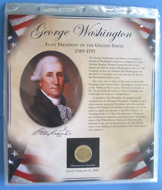 1st Presidential Dollar George Washington Uncirculated Coin, stamps, and panel