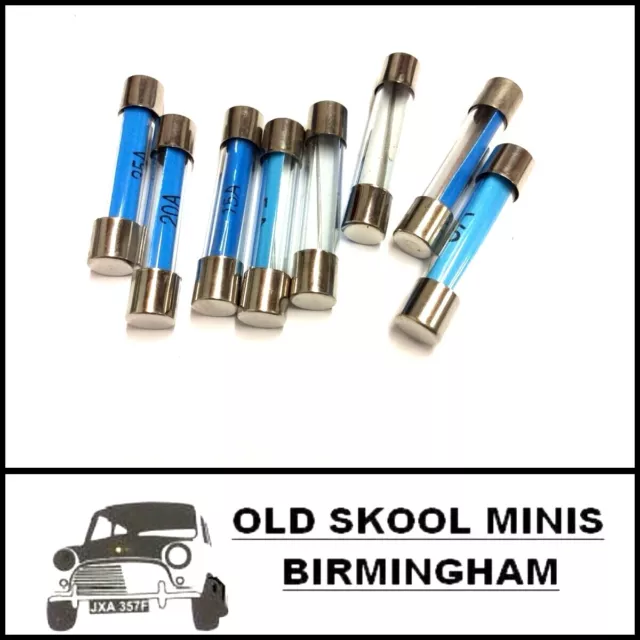 CLASSIC CAR MIXED GLASS FUSE SET OF 8 (2x 5 15 20 35 amp) MINI MG JAG ROVER AB9