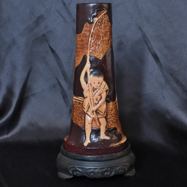 Bretby Art Pottery Ceramic Japanese Fishing Design 8" Vase & Stand c.1910's 1390