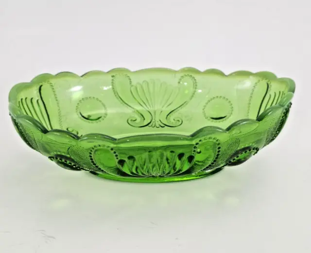 Green Opalescent Glass Bowl Jewel and Fan Jefferson Glass Co