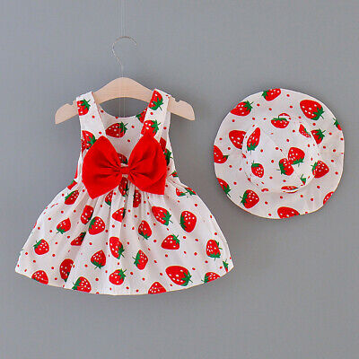 Toddler Baby Kids Girls Strawberry Print Princess Dress Hat Outfits Clothes