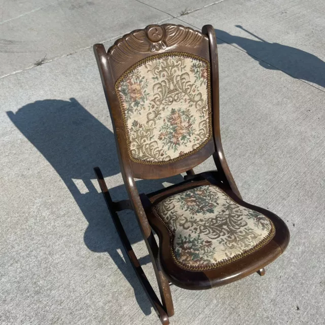 Antique Needlepoint Tapestry Wood Carved Folding Rocking Chair Victorian BLN