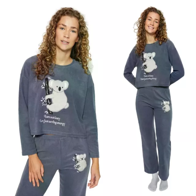 Ensemble Femme Laine Polaire Vêtements de Maison Relax Chaud Pyjamas Ourson Col