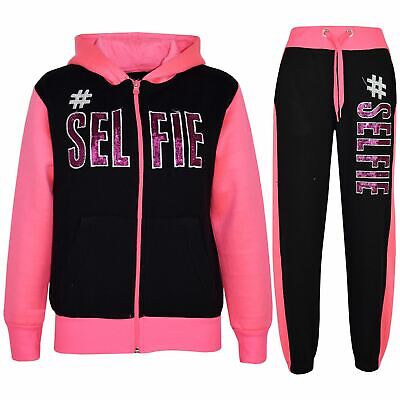 Kids #SELFIE Black & Neon Pink Tracksuit Sequin Embroidered Hoodie Joggers Girls