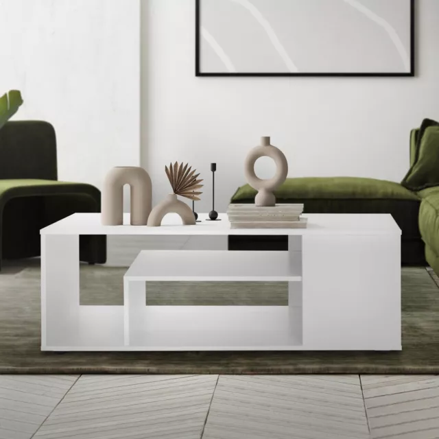 Mesa de centro blanco con estante mueble elegante auxiliar de salón 110x50x41 cm