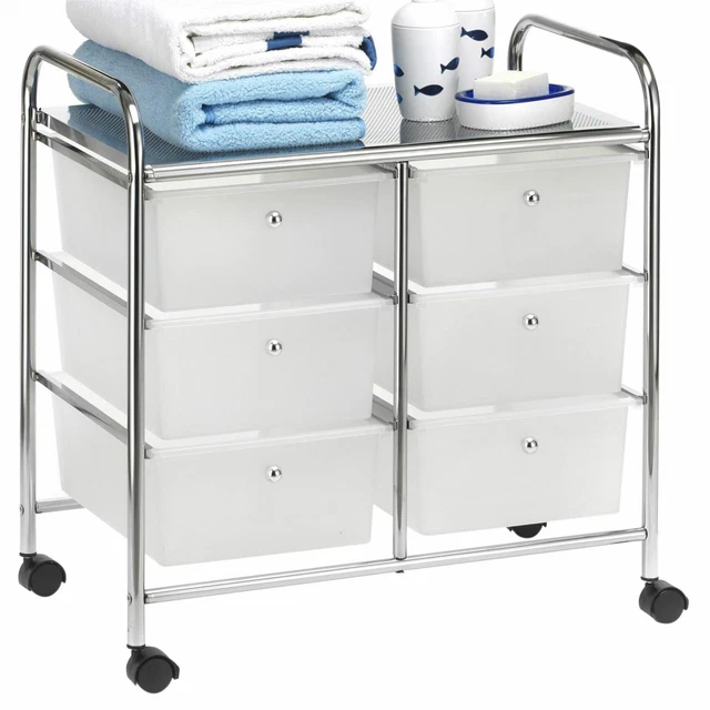 Caisson sur roulettes MARITA chariot 9 tiroirs en plastique blanc transparent et 2 étagères, rangement salle de bain en métal - Maison