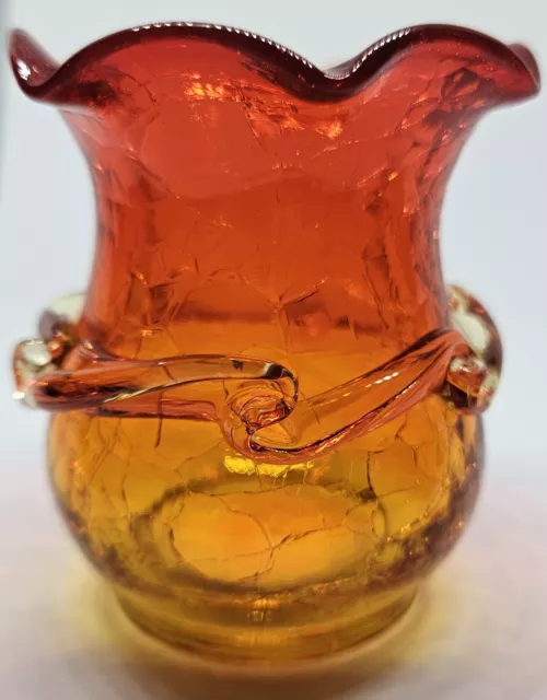 Vintage Kanawha, Art Glass Crackle Glass Amberina 3 in. Vase Frilled