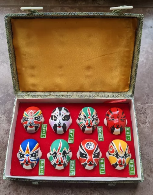 Vintage Chinese Beijing Clay Opera Masks Hand Painted Set of 8 In Box
