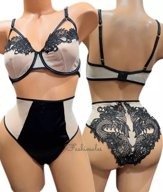 VICTORIAS SECRET SET Embroidered Dragon Unlined Bra & Cheeky Panty