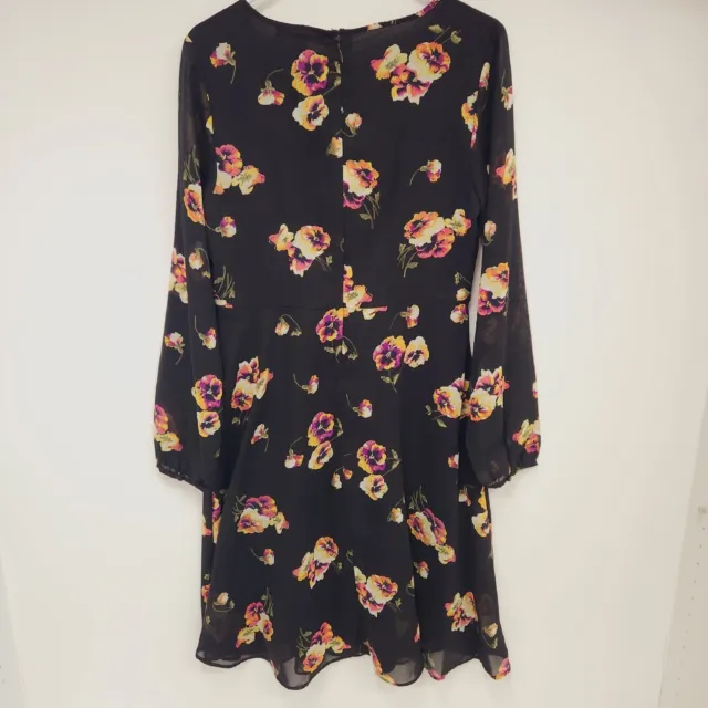 Forever 21 Contemporary Dress L Floral Long Sleeve MIDI Sheer Black Lined 2