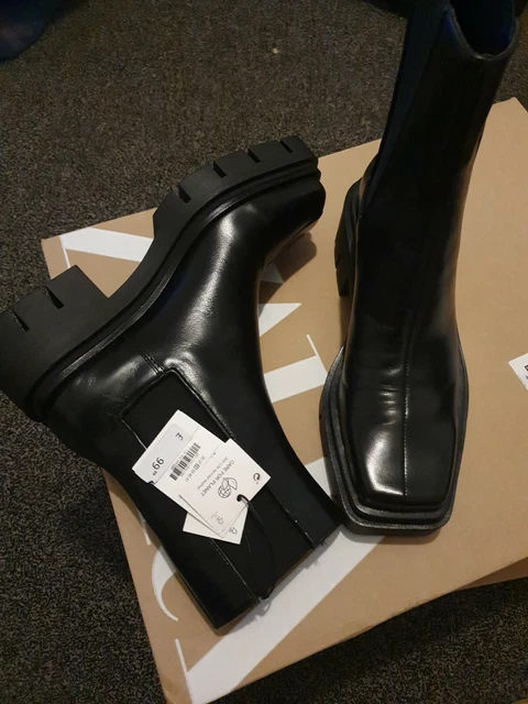 Zara Low Heel Square Toe Boots ZARA LEATHER SQUARE Toe Track Sole