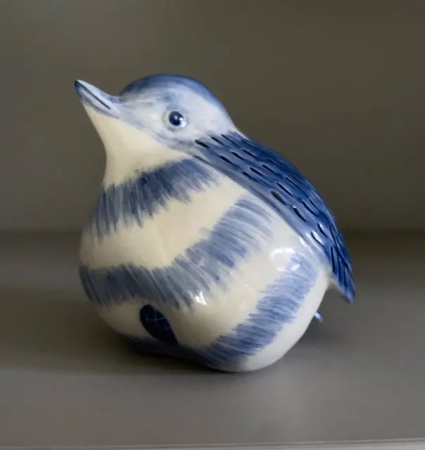 Blue & White Ceramic Bird Ornament, Hand-Painted Robin Figurine, Chubby Plump