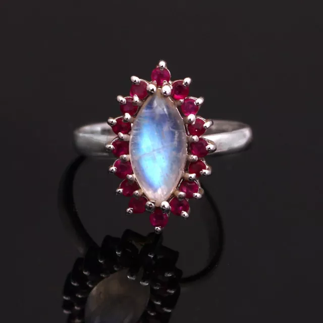 Rainbow Moonstone Marquise Ruby Cluster Halo Ring 925 Sterling Silver Vintage