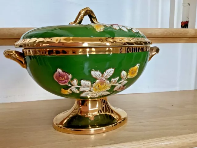 Vintage Elpa Alcobaca Portugal Lidded Pedestal Dish Urn Green Raised Floral
