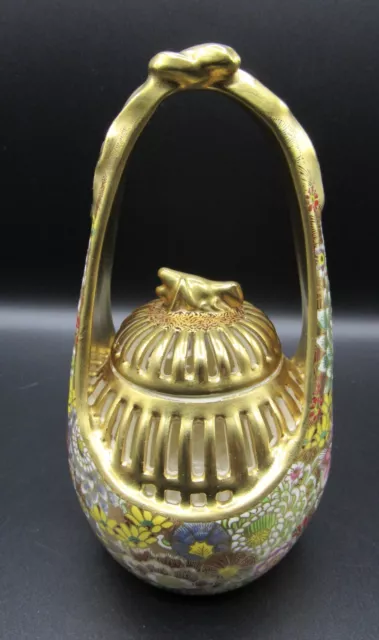 Vintage Japanese satsuma cricket cage basket hand painted signed gold porcelain