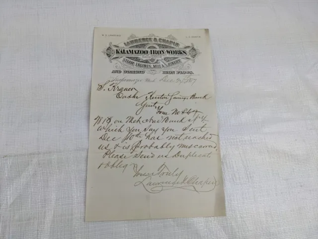 1879 Kalamazoo Iron Works Antique Ephemera Letterhead Letter Receipt Paper