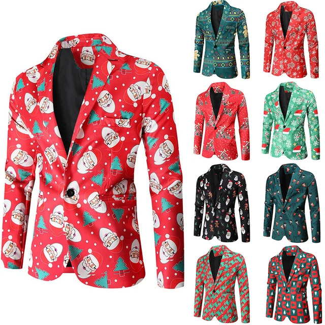 Men 2PCS Christmas Print Blazer Suit Jacket Coat + Long Pants Elegant Outfit Set