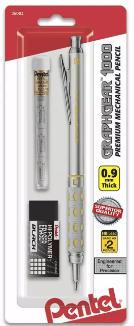 Pentel GraphGear 1000 Mechanical Pencil Chrome & Yellow 0.9mm NEW