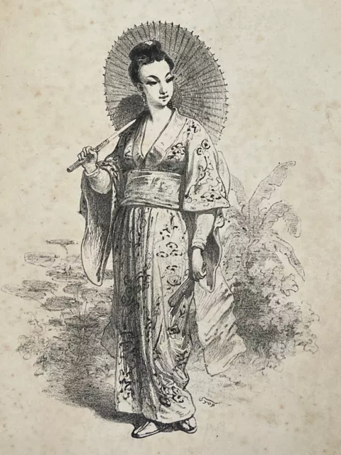 Estampe ancienne XIXème costume femme japonaise à l’ombrelle Japon signée