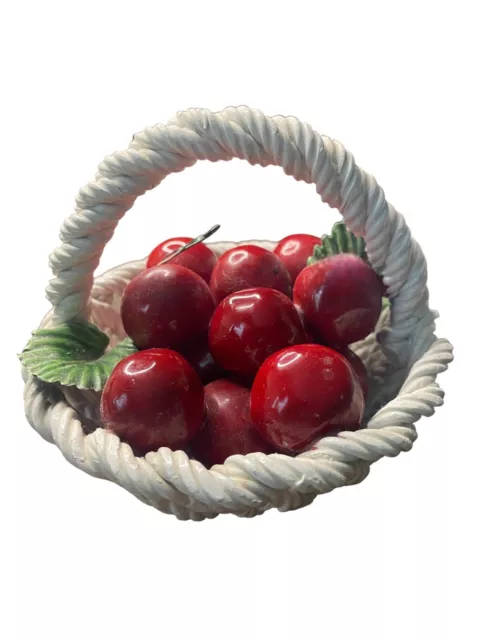 VTG Ceramic Woven Basket of Cherries Hand Painted  Kitchen Decor