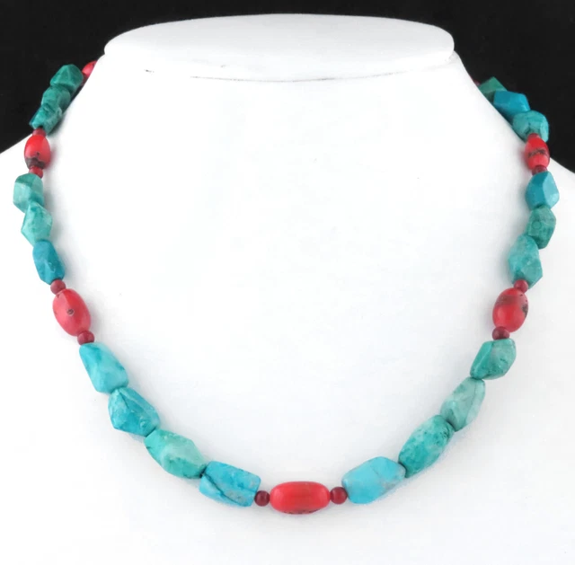 VINTAGE NATURAL TURQUOISES & RED CORAL BEADS NECKLACE w/ Sterling Silver Clasp
