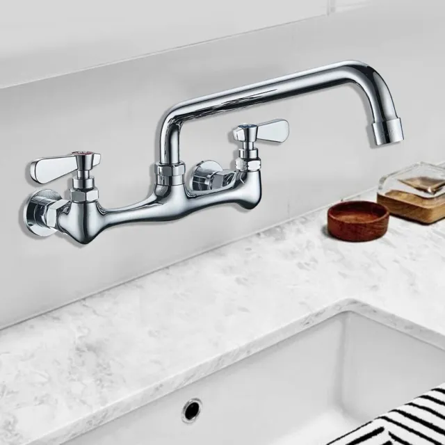 Commercial Kitchen 8" Center Faucet Wall Mount 360°Swivel Spout 2-Handle Taps