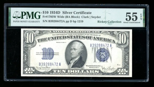 DBR 1934-D $10 Silver Wide Fr. 1705W PMG 55 EPQ Serial B39288472A