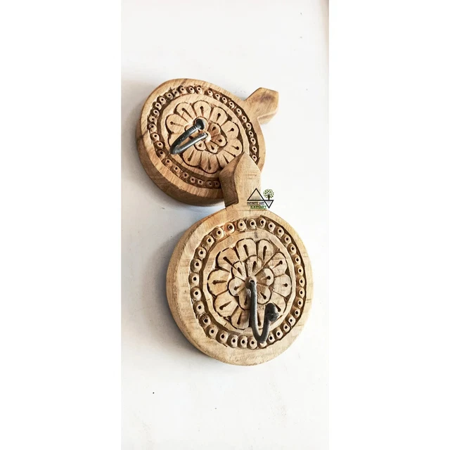 Antique Indian Carved Wall Hook Solid Wooden Handmade Round Single Wall Hanger