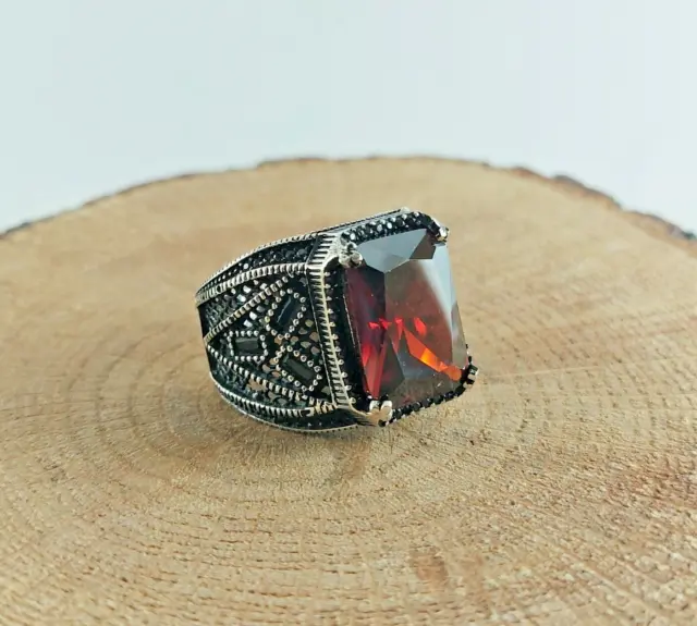 925 Sterling Silver Handmade Men's Ring with Square Shape Red Ruby Stone