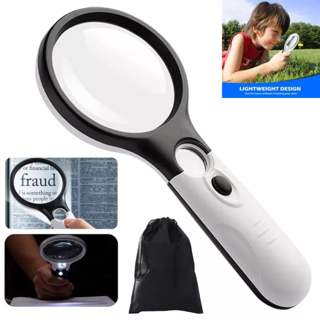 45X High Power Illuminated Magnifier 3 LED Light Handheld Magnifying Glass Read