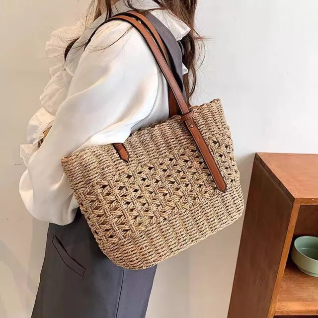 Women Woven Boho Handbag Summer Beach Tote Straw Bag Round Rattan Shoulder Bag