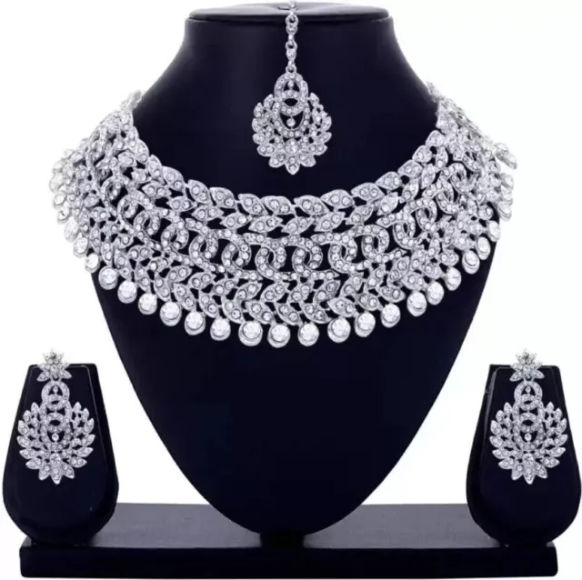 Indian Bollywood Gold Plated AD CZ Kundan Choker Necklace Wedding Bridal Jewelry