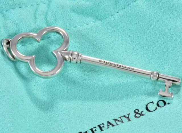 Tiffany & Co Sterling Silver Large 2.25" Trefoil Key Charm Pendant in Pouch Rare