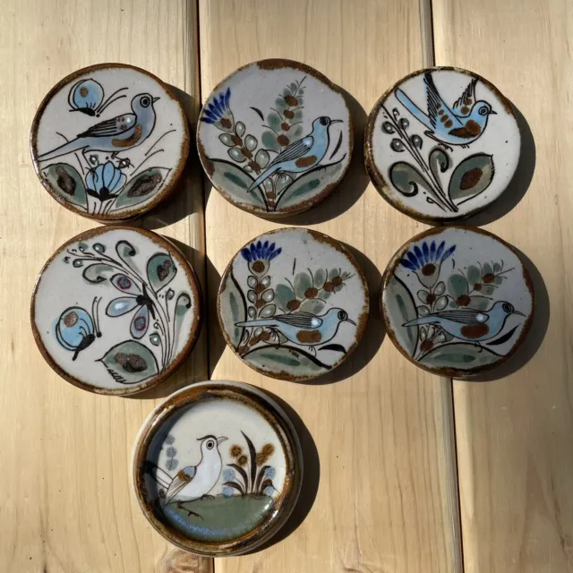 Vtg. Ken Edwards Tonala Ceramic Pottery Bird Flower Coasters Set/7