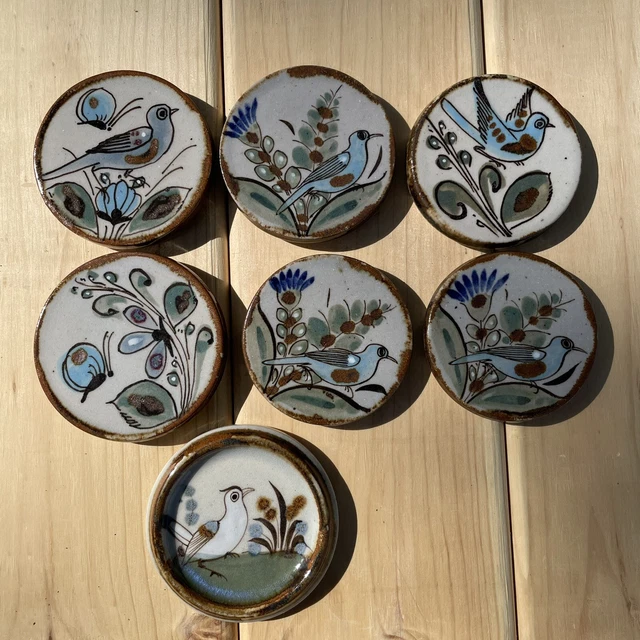 Vtg. Ken Edwards Tonala Ceramic Pottery Bird Flower Coasters Set/7 Vtg. Ken Edwards Tonala Ceramic Pottery Bird Flower Coasters Set/7